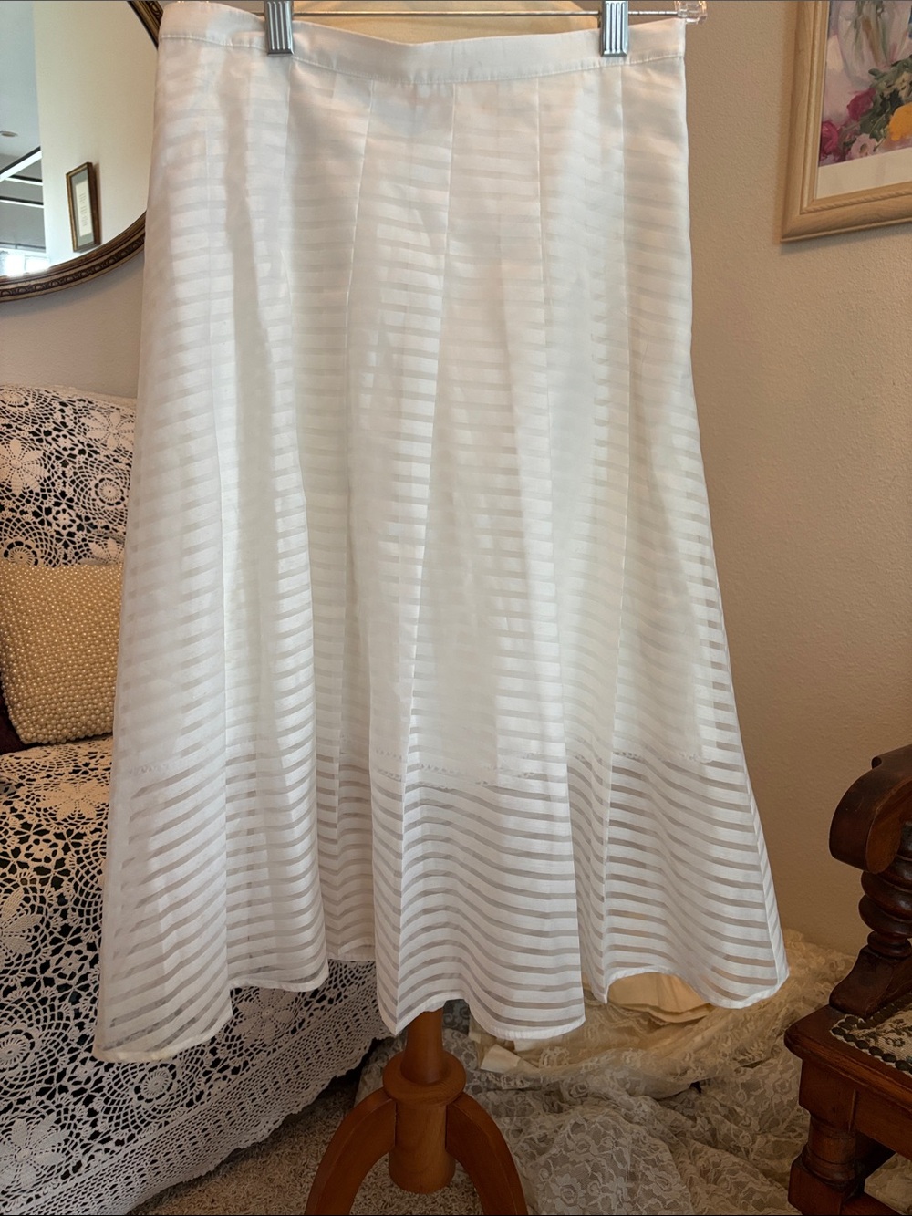 leifsdottir Anthropologie White A-Line Striped Semi-Sheer Skirt, fully lined